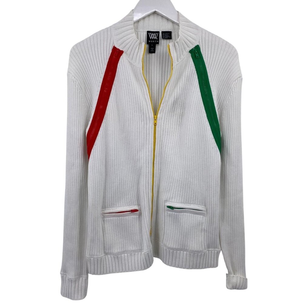 Worth Color block zippered cardigan size large ribbed pockets jacket White
